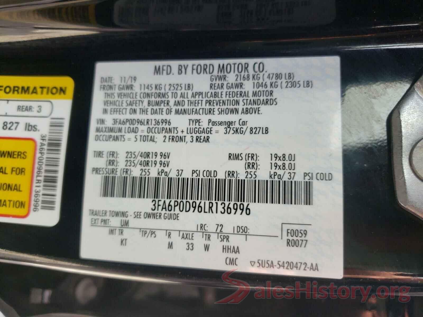 3FA6P0D96LR136996 2020 FORD FUSION