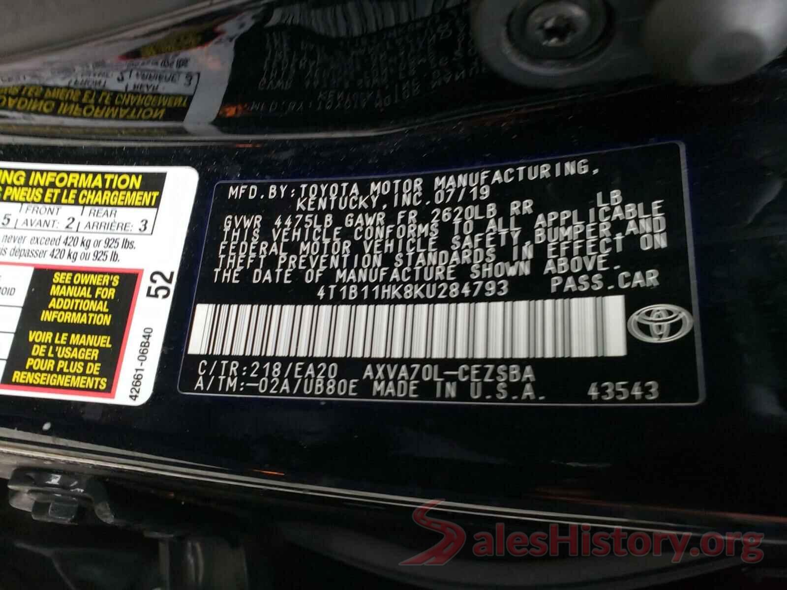 4T1B11HK8KU284793 2019 TOYOTA CAMRY