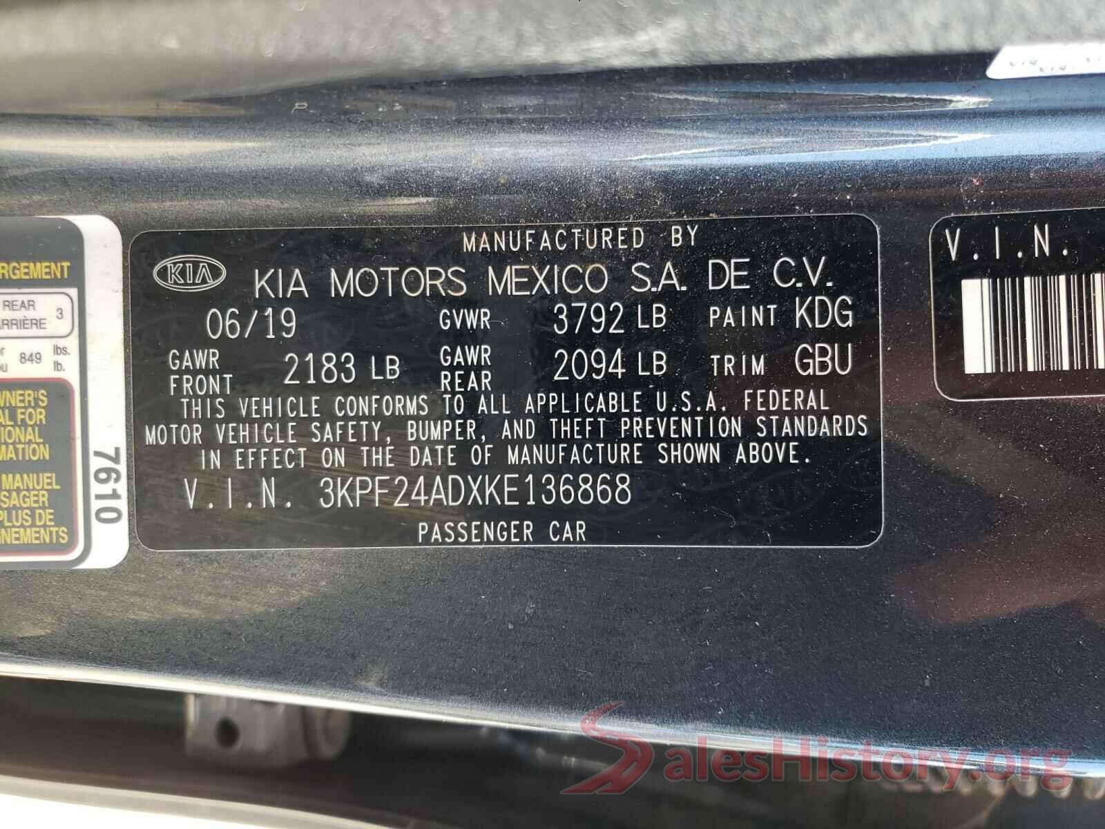 3KPF24ADXKE136868 2019 KIA FORTE