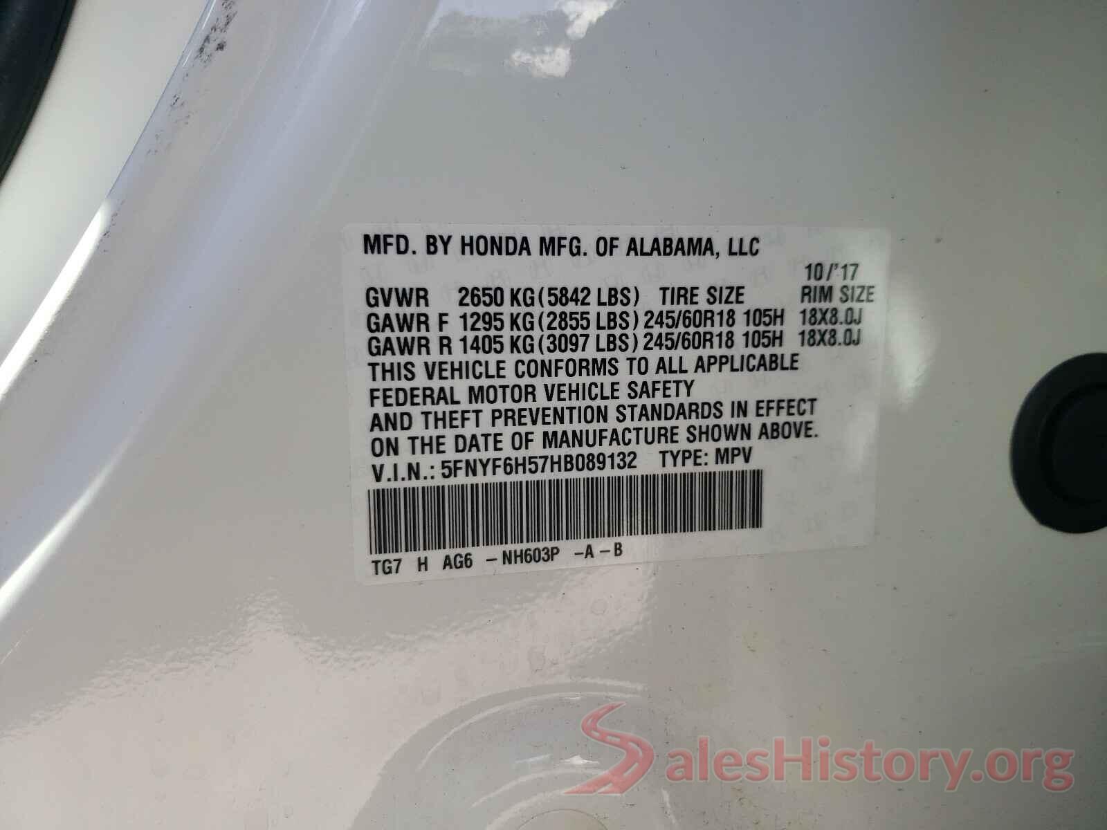 5FNYF6H57HB089132 2017 HONDA PILOT