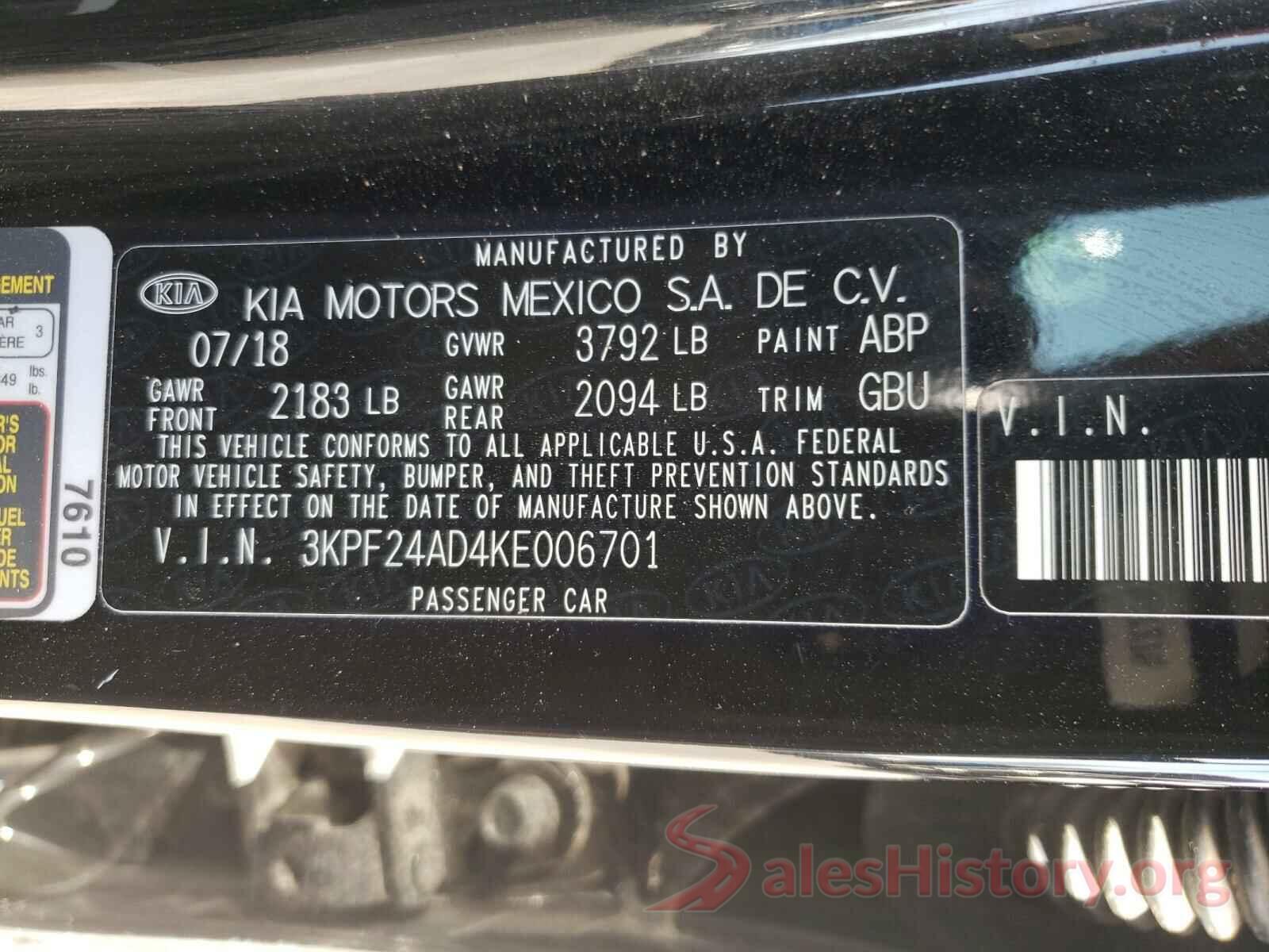 3KPF24AD4KE006701 2019 KIA FORTE