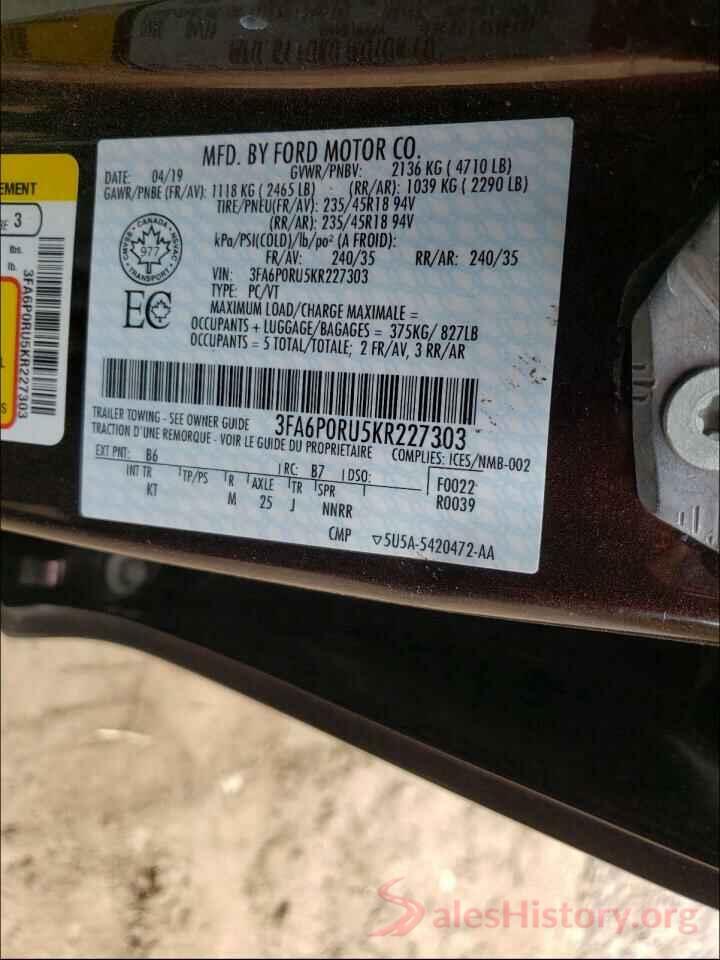 3FA6P0RU5KR227303 2019 FORD FUSION