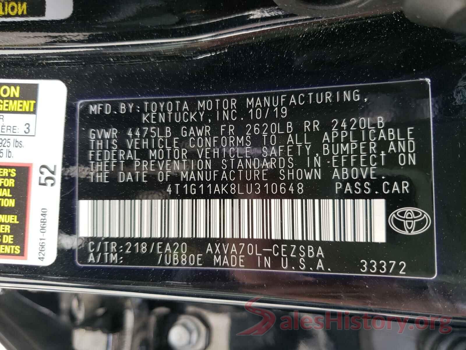 4T1G11AK8LU310648 2020 TOYOTA CAMRY