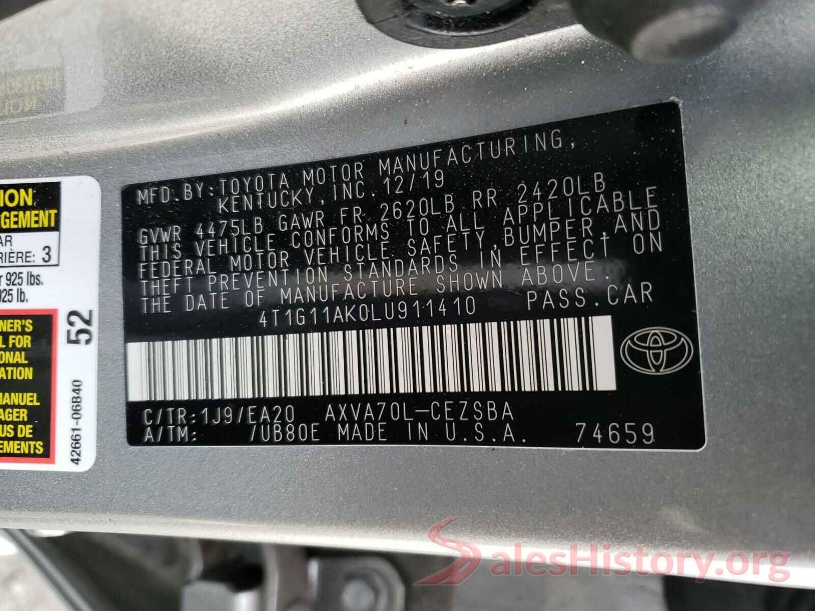 4T1G11AK0LU911410 2020 TOYOTA CAMRY