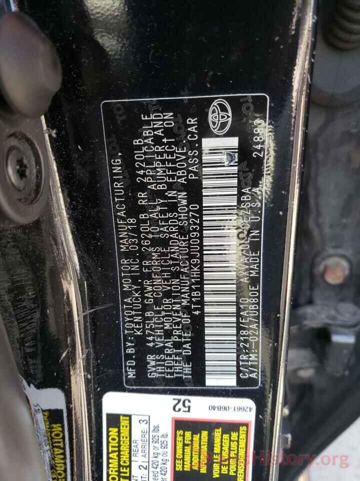 4T1B11HK9JU093270 2018 TOYOTA CAMRY