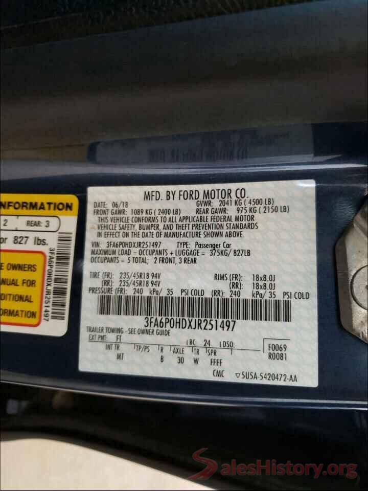 3FA6P0HDXJR251497 2018 FORD FUSION