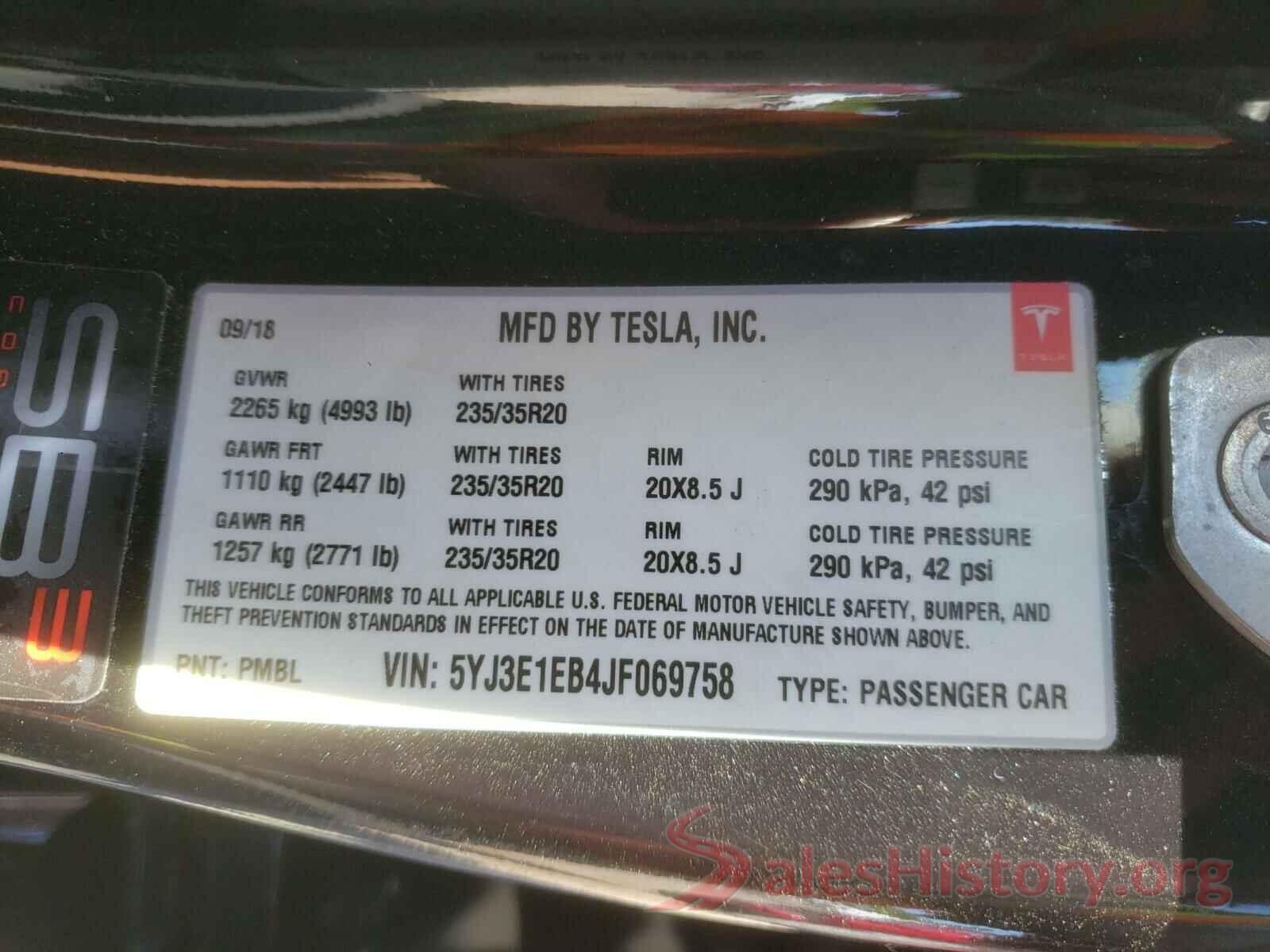 5YJ3E1EB4JF069758 2018 TESLA MODEL 3