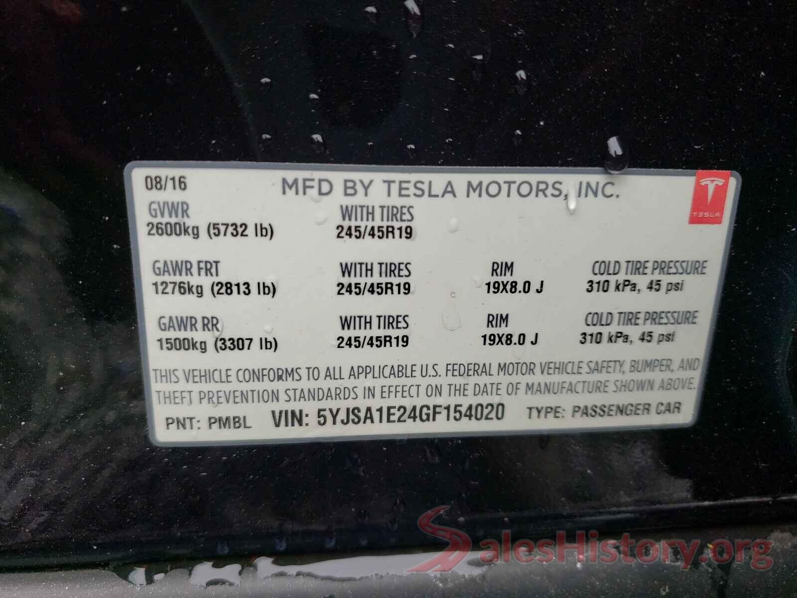 5YJSA1E24GF154020 2016 TESLA MODEL S