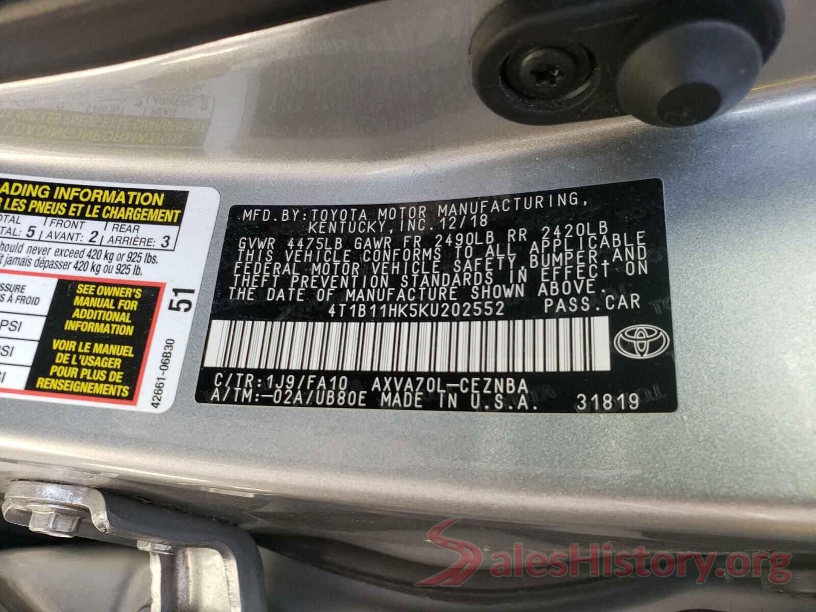 4T1B11HK5KU202552 2019 TOYOTA CAMRY