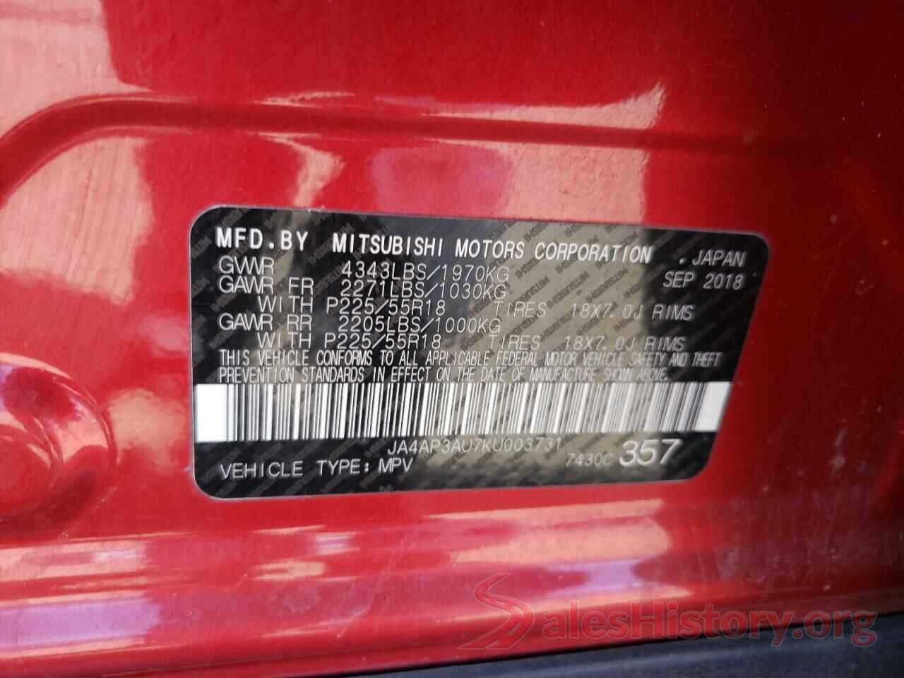 JA4AP3AU7KU003731 2019 MITSUBISHI OUTLANDER