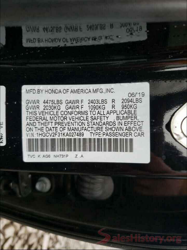 1HGCV2F31KA027489 2019 HONDA ACCORD