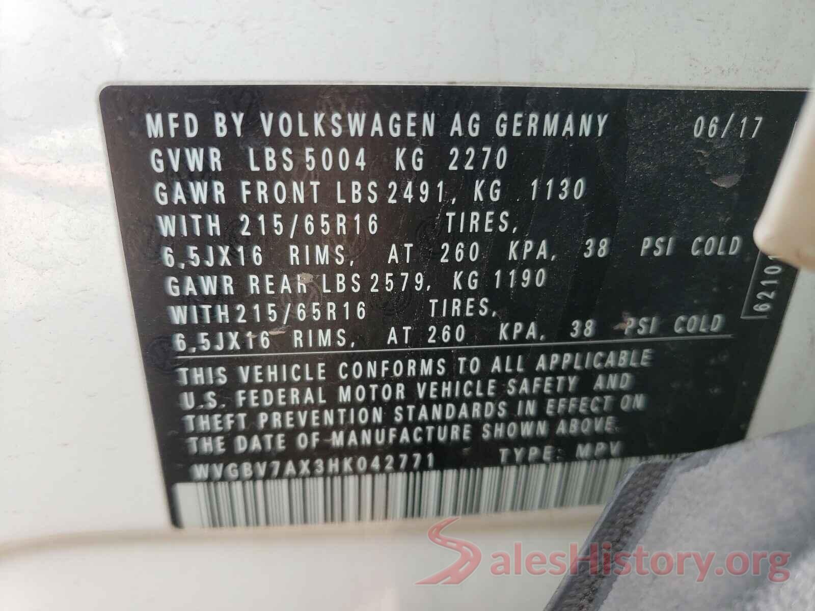 WVGBV7AX3HK042771 2017 VOLKSWAGEN TIGUAN