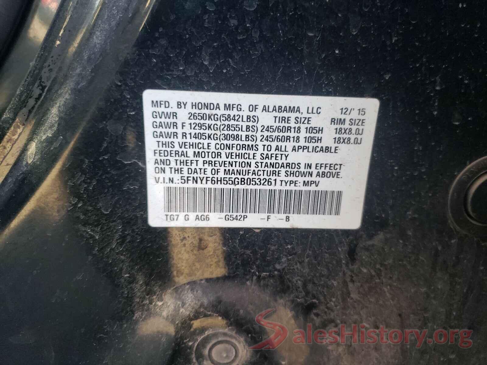 5FNYF6H55GB053261 2016 HONDA PILOT