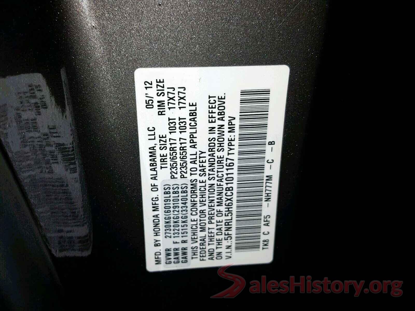 5FNRL5H6XCB101167 2012 HONDA ODYSSEY EX