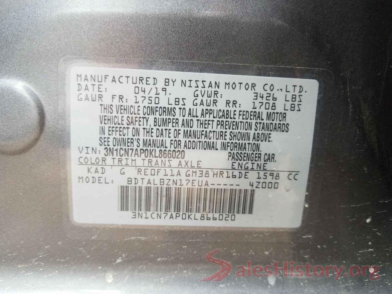 3N1CN7AP0KL866020 2019 NISSAN VERSA