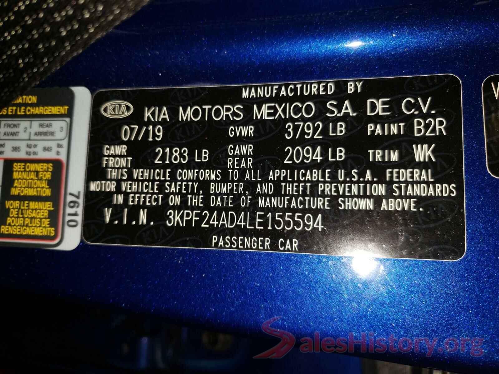 3KPF24AD4LE155594 2020 KIA FORTE