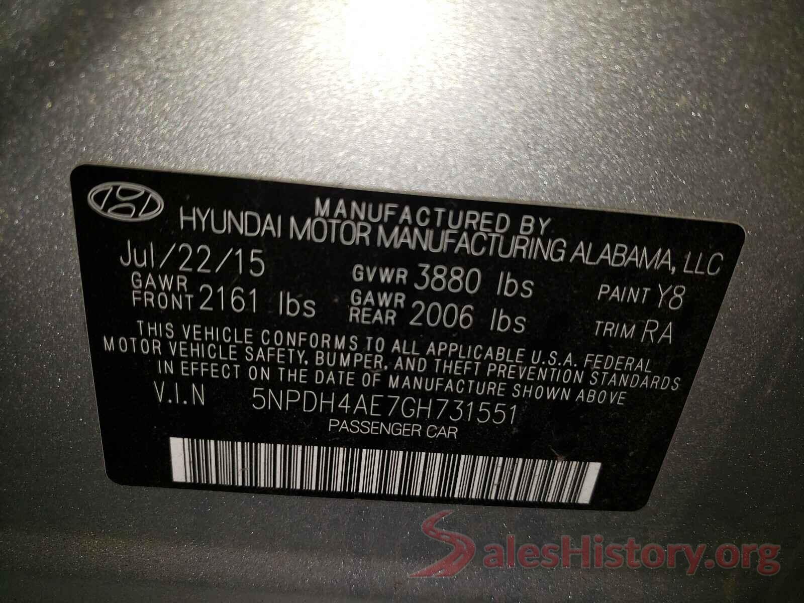 5NPDH4AE7GH731551 2016 HYUNDAI ELANTRA