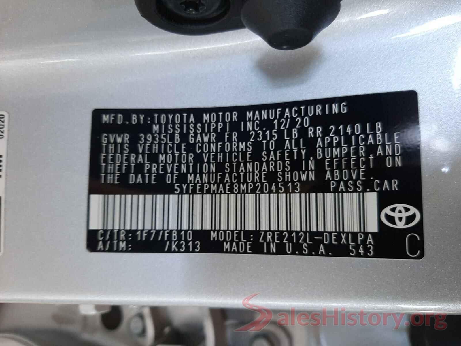 5YFEPMAE8MP204513 2021 TOYOTA COROLLA