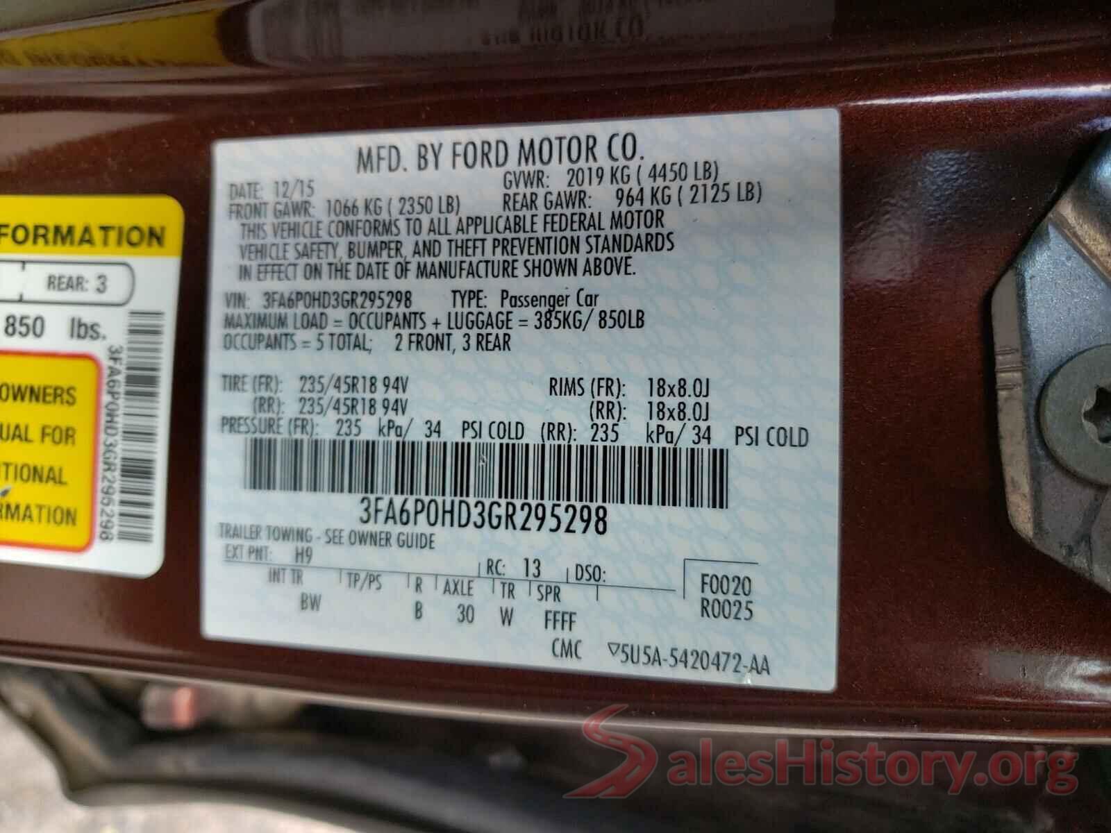 3FA6P0HD3GR295298 2016 FORD FUSION