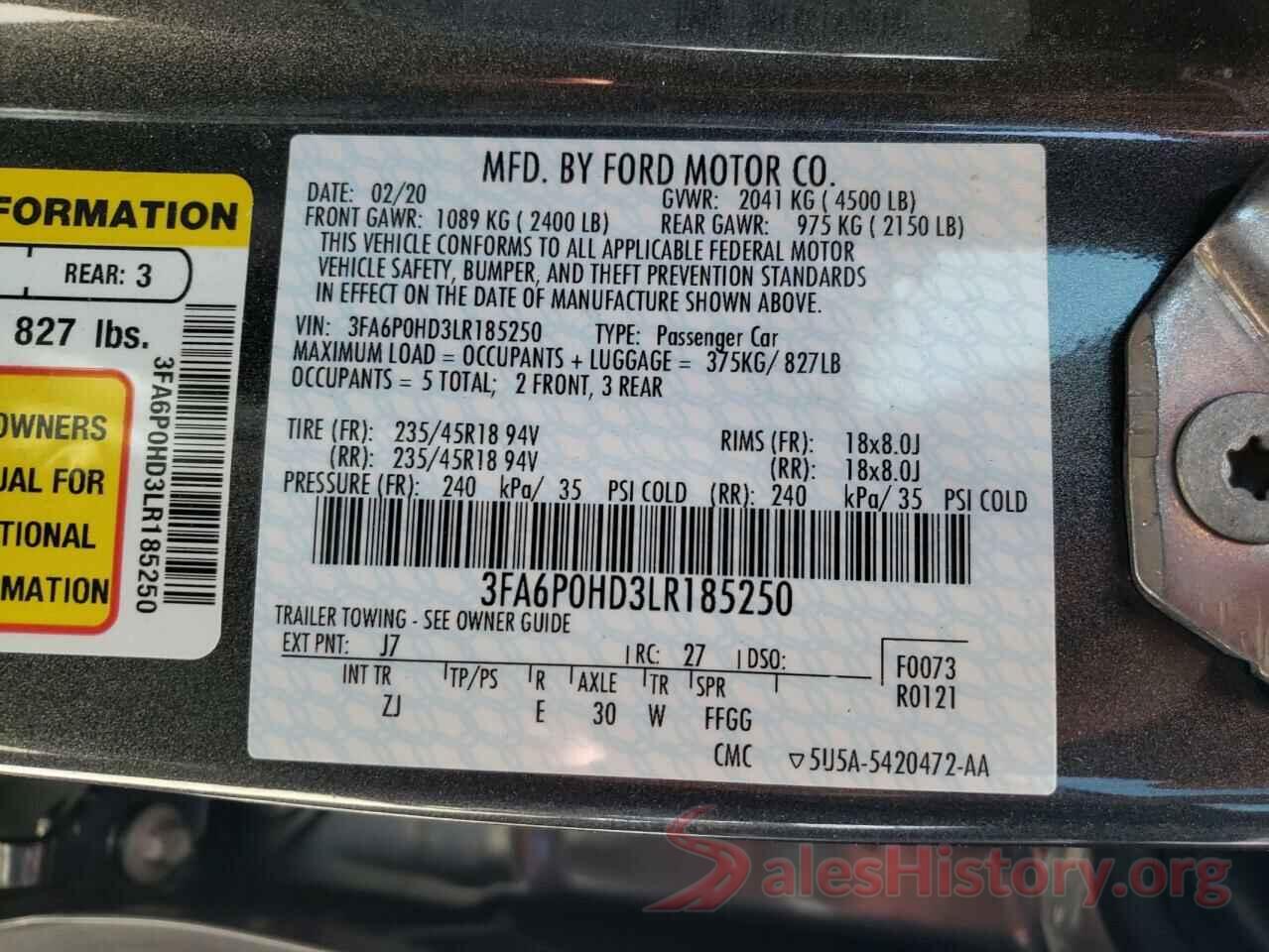 3FA6P0HD3LR185250 2020 FORD FUSION