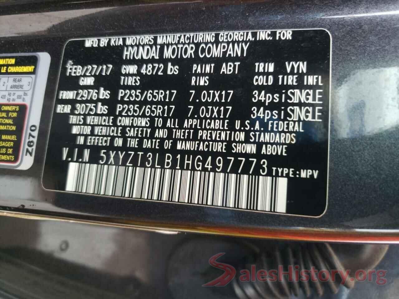 5XYZT3LB1HG497773 2017 HYUNDAI SANTA FE