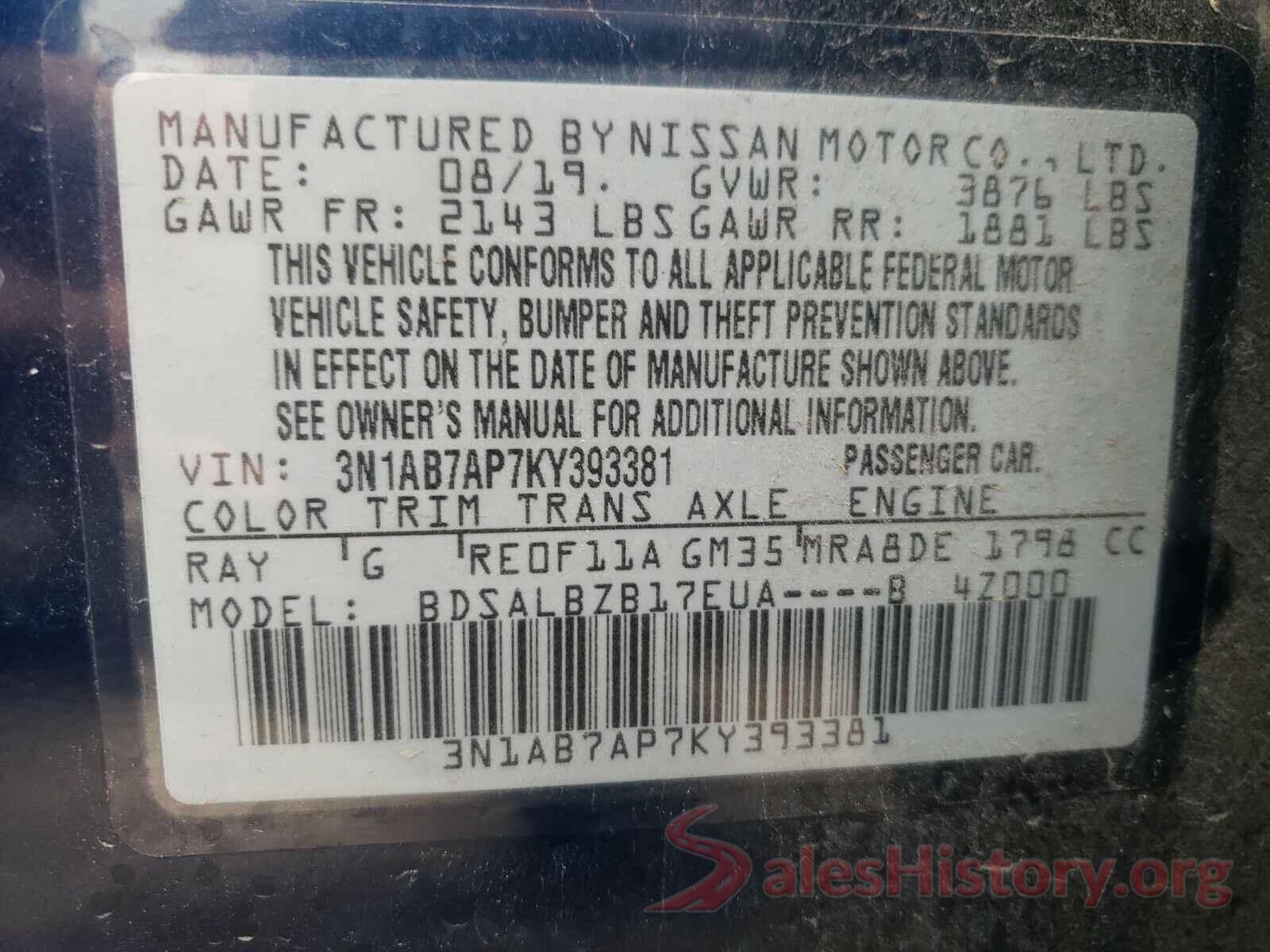 3N1AB7AP7KY393381 2019 NISSAN SENTRA