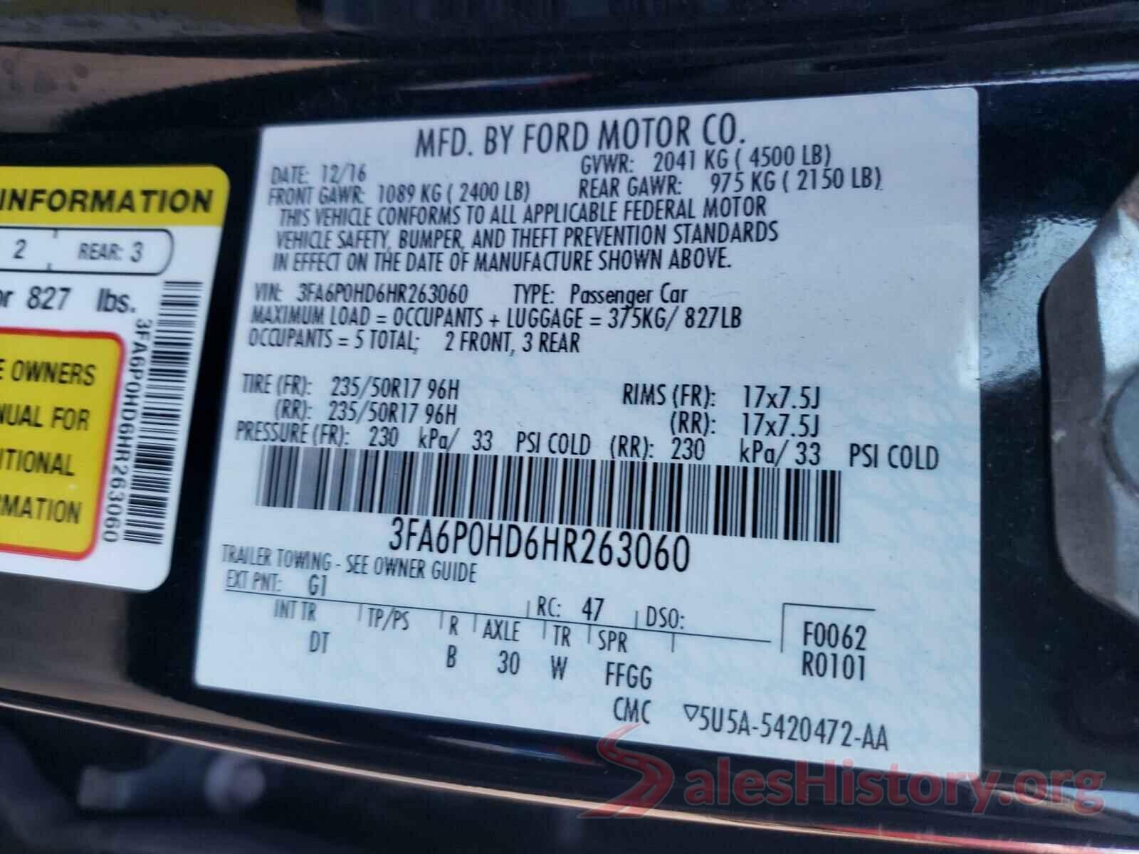 3FA6P0HD6HR263060 2017 FORD FUSION