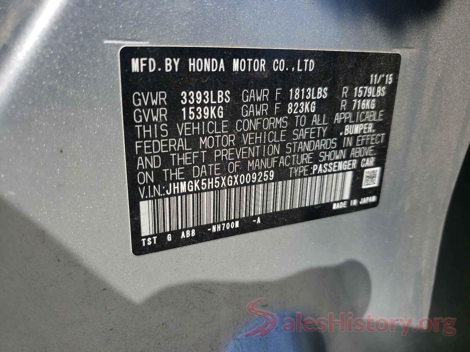 JHMGK5H5XGX009259 2016 HONDA FIT