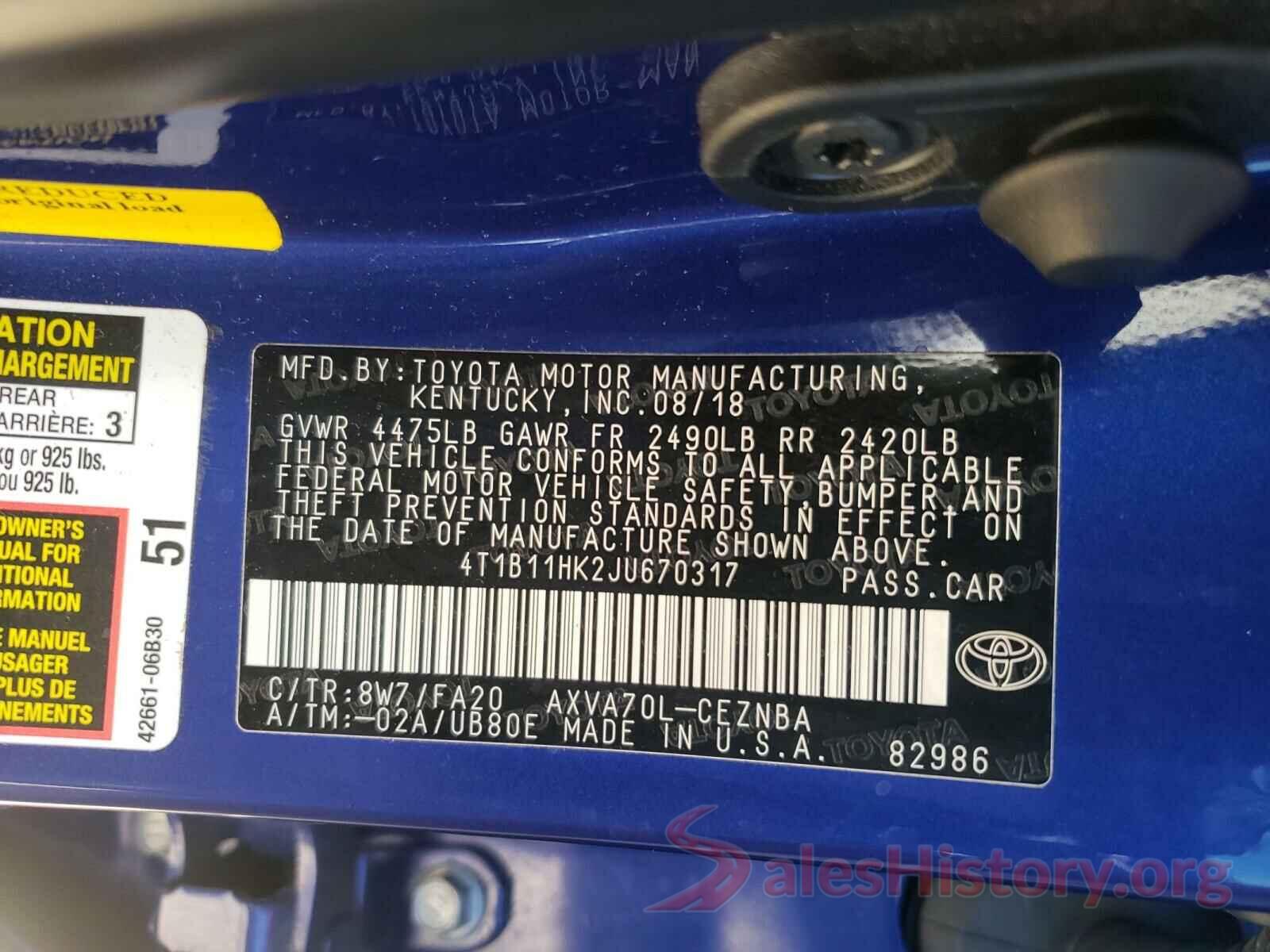 4T1B11HK2JU670317 2018 TOYOTA CAMRY