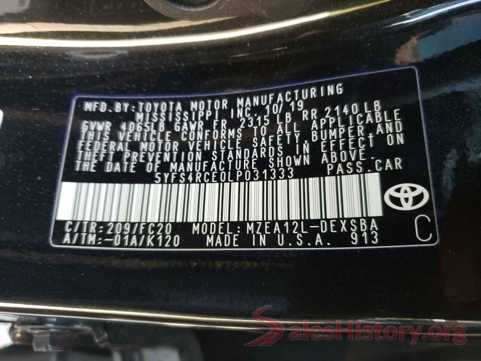 5YFS4RCE0LP031333 2020 TOYOTA COROLLA