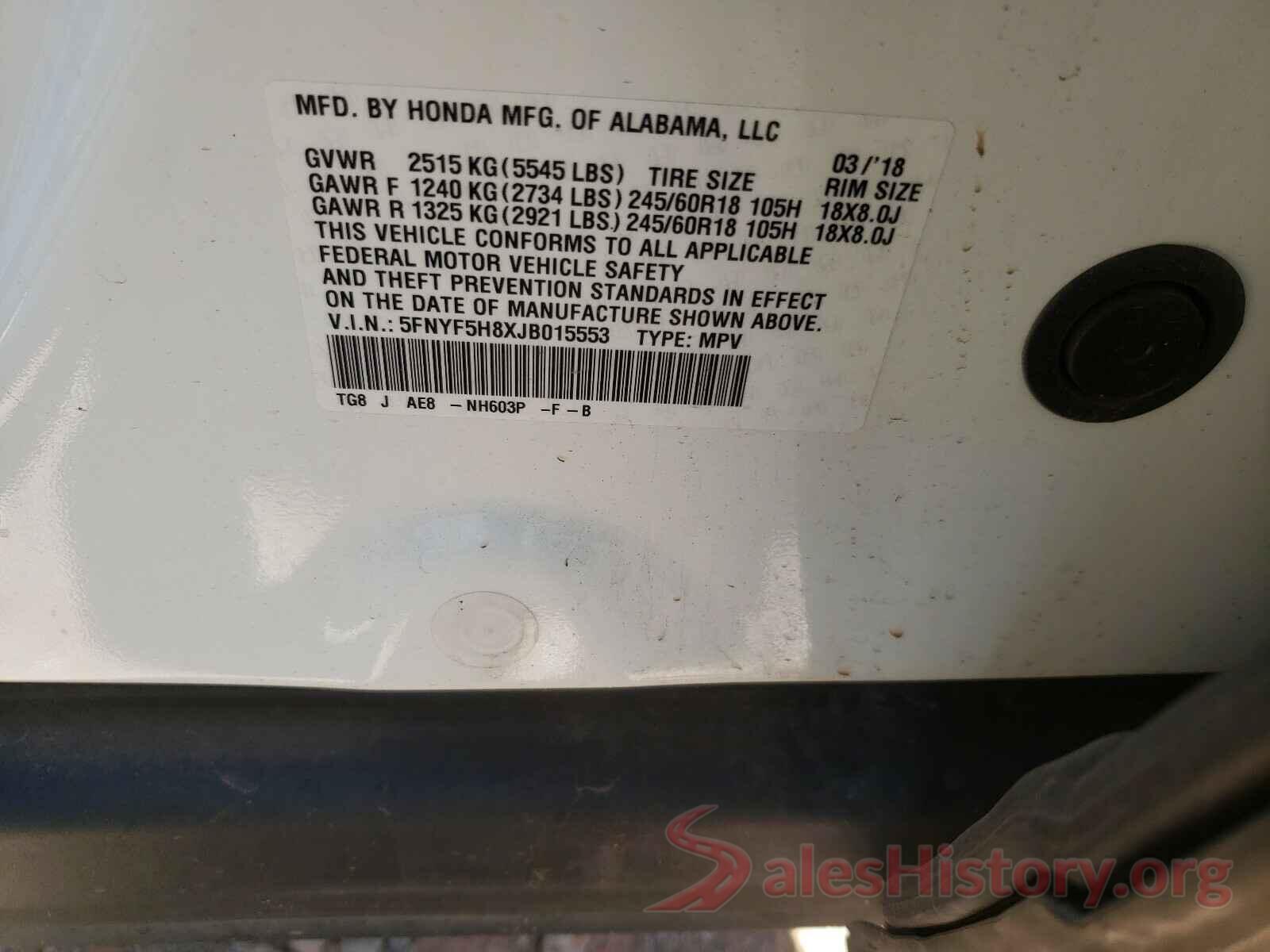 5FNYF5H8XJB015553 2018 HONDA PILOT