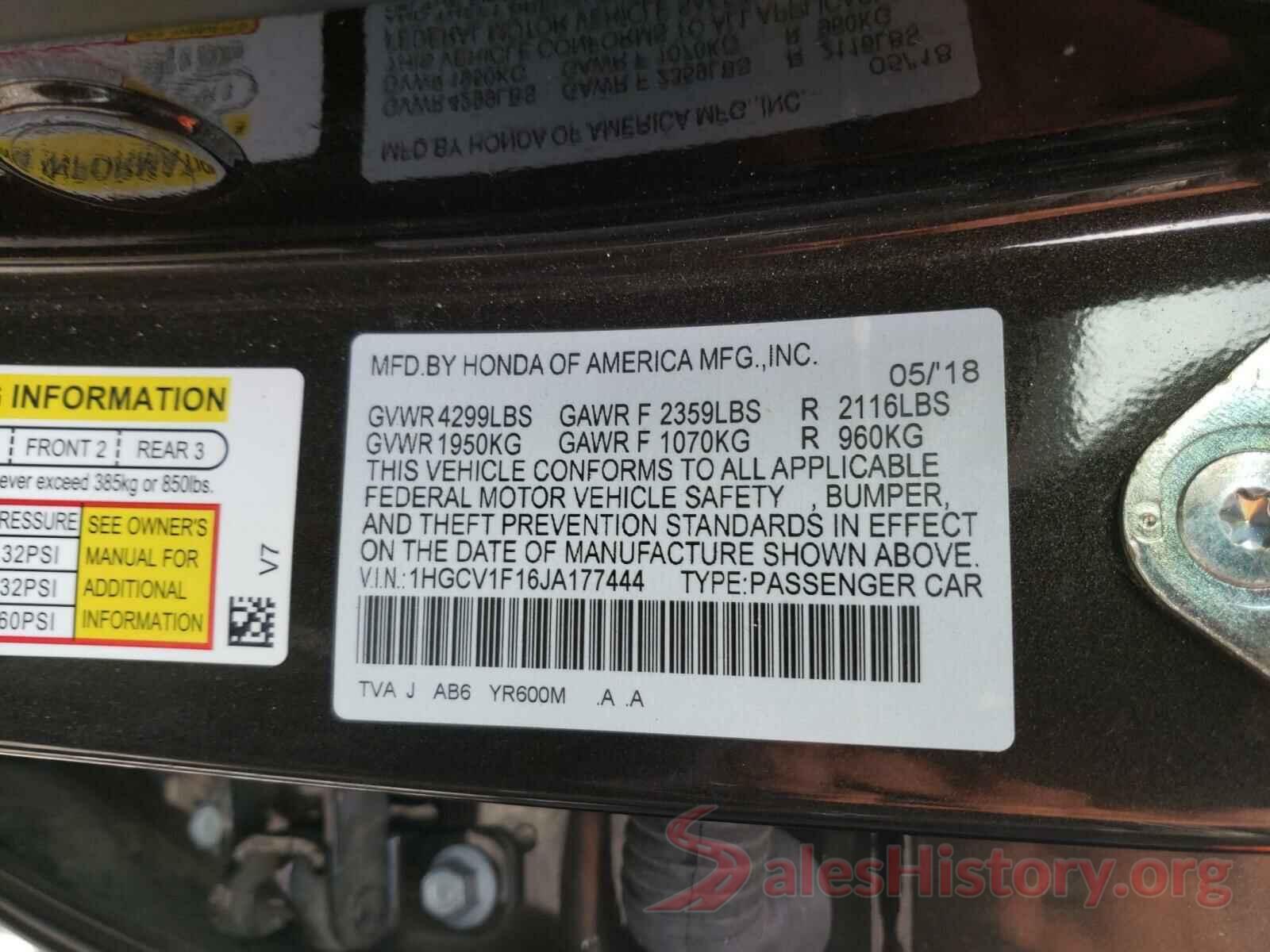 1HGCV1F16JA177444 2018 HONDA ACCORD