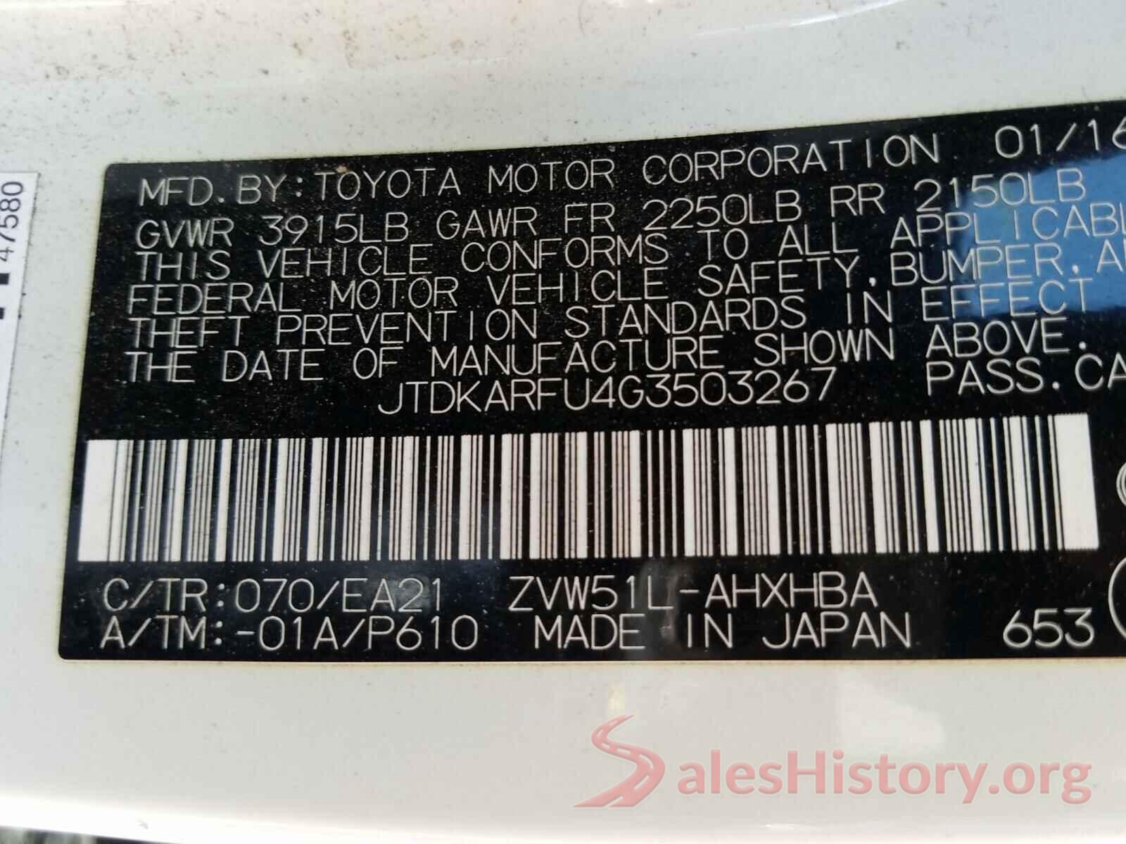 JTDKARFU4G3503267 2016 TOYOTA PRIUS