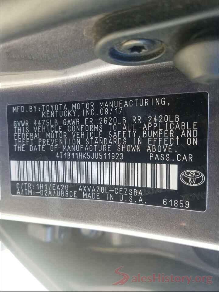 4T1B11HK5JU511923 2018 TOYOTA CAMRY