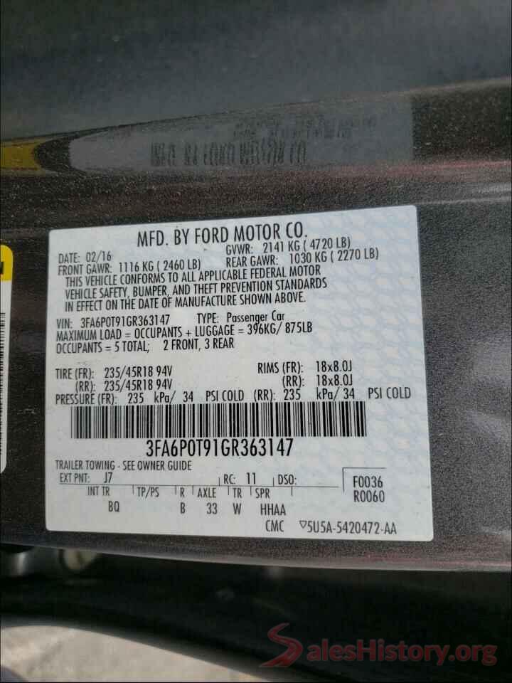 3FA6P0T91GR363147 2016 FORD FUSION