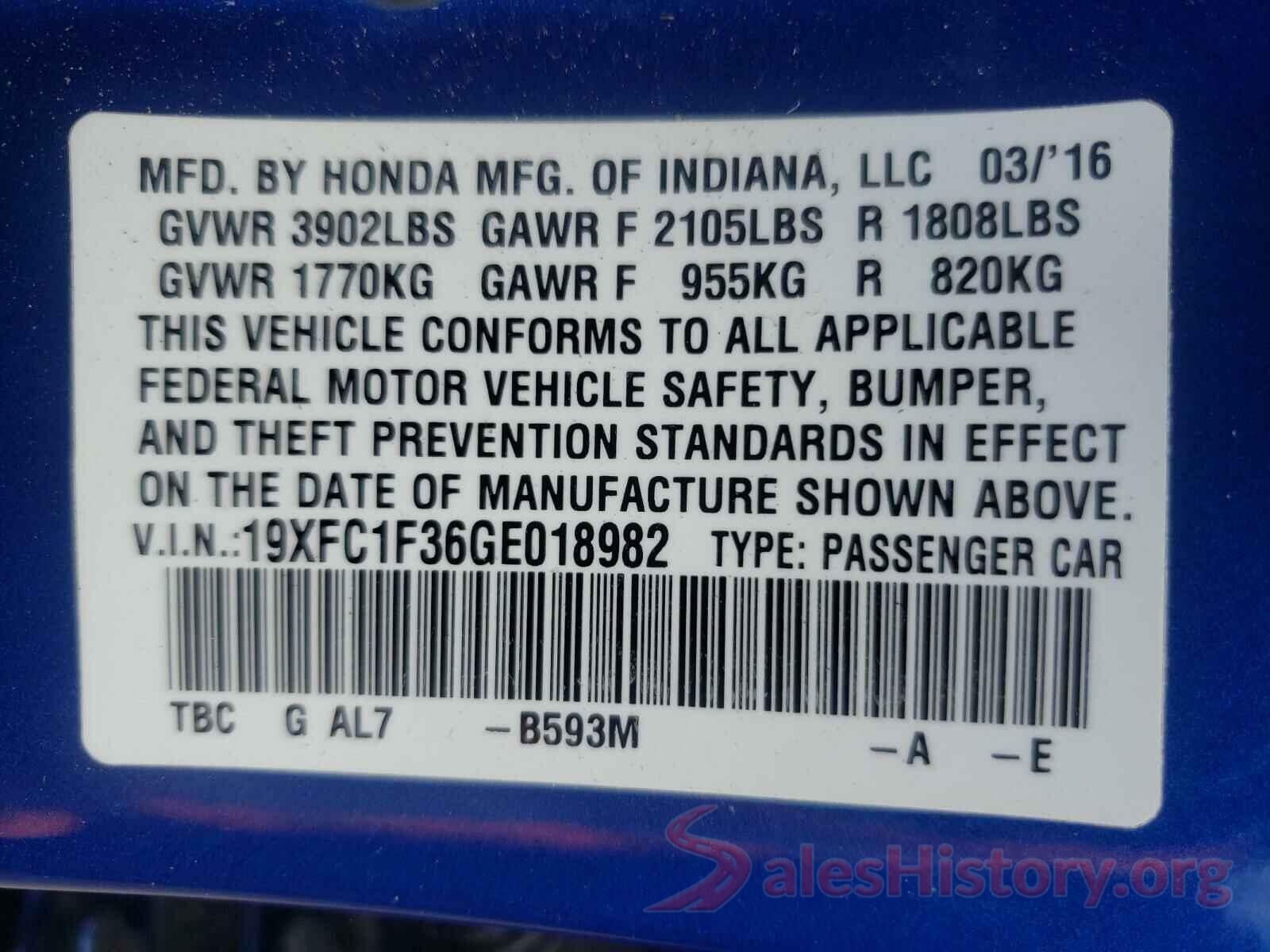 19XFC1F36GE018982 2016 HONDA CIVIC