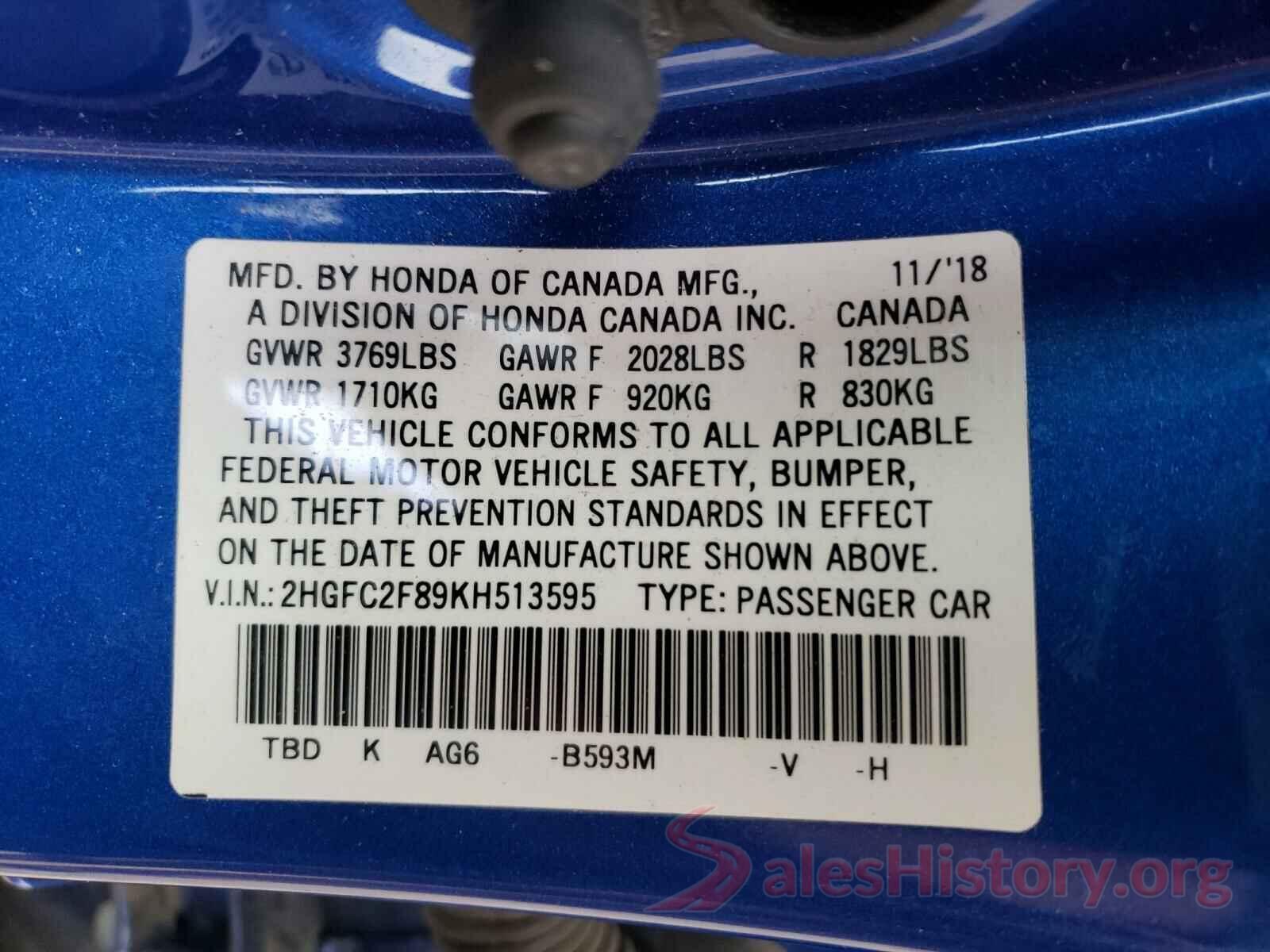 2HGFC2F89KH513595 2019 HONDA CIVIC