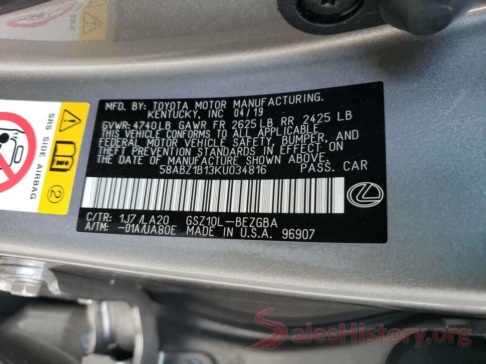 58ABZ1B13KU034816 2019 LEXUS ES350