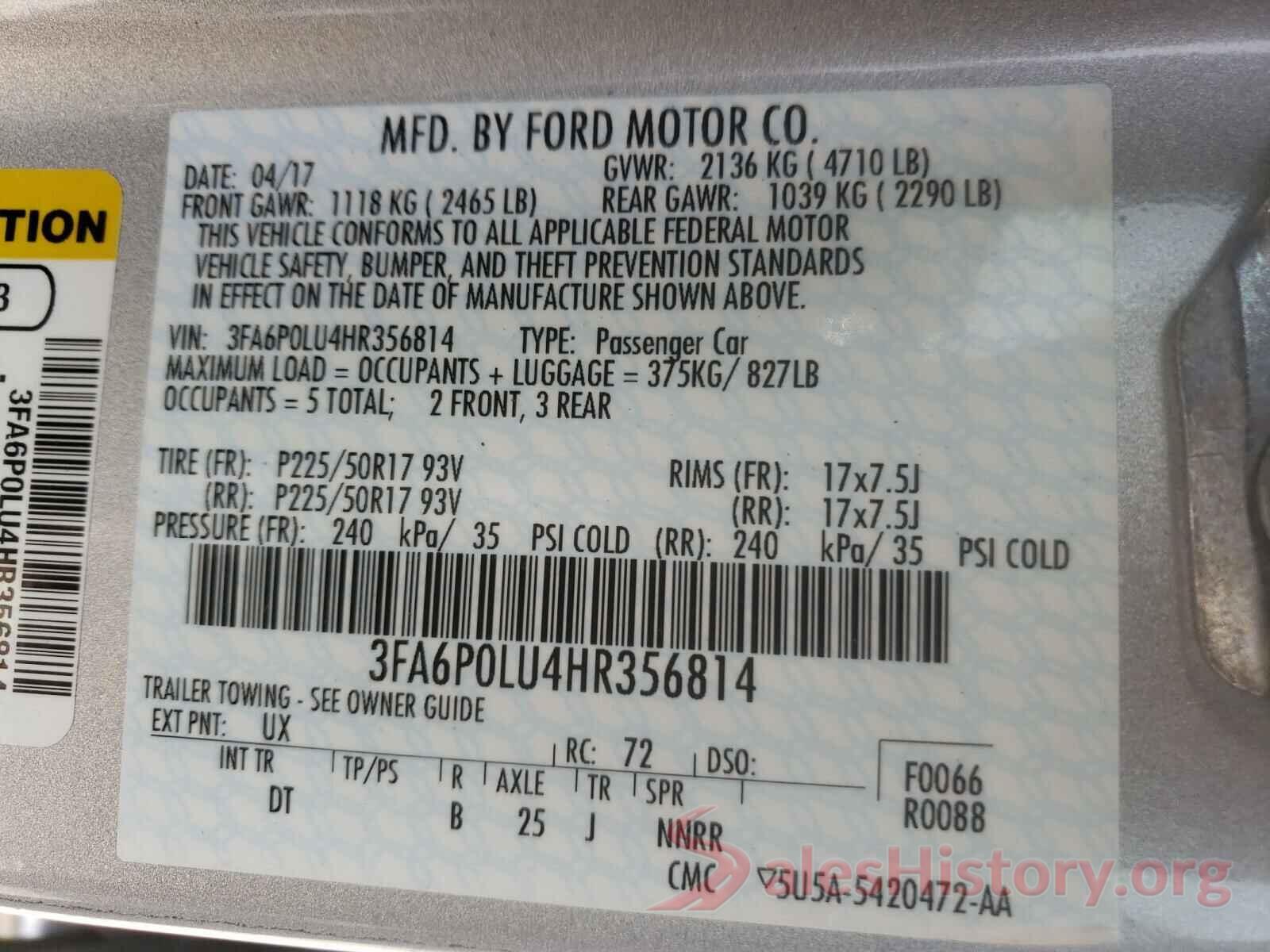 3FA6P0LU4HR356814 2017 FORD FUSION