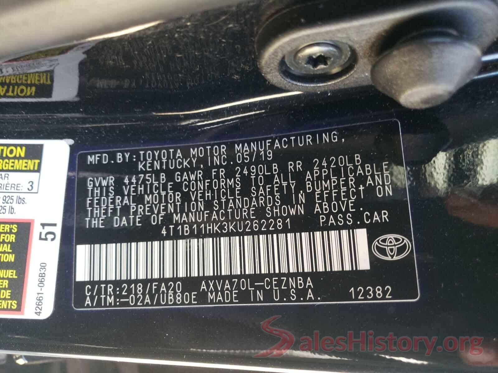 4T1B11HK3KU262281 2019 TOYOTA CAMRY