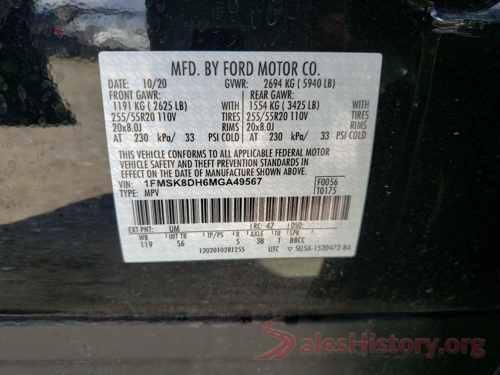 1FMSK8DH6MGA49567 2021 FORD EXPLORER