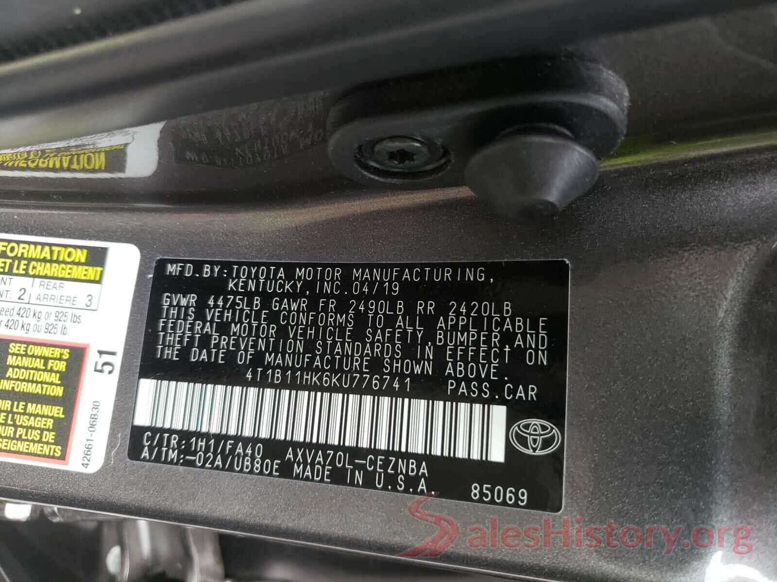 4T1B11HK6KU776741 2019 TOYOTA CAMRY