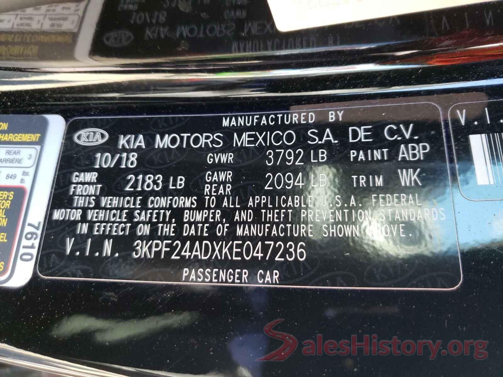 3KPF24ADXKE047236 2019 KIA FORTE