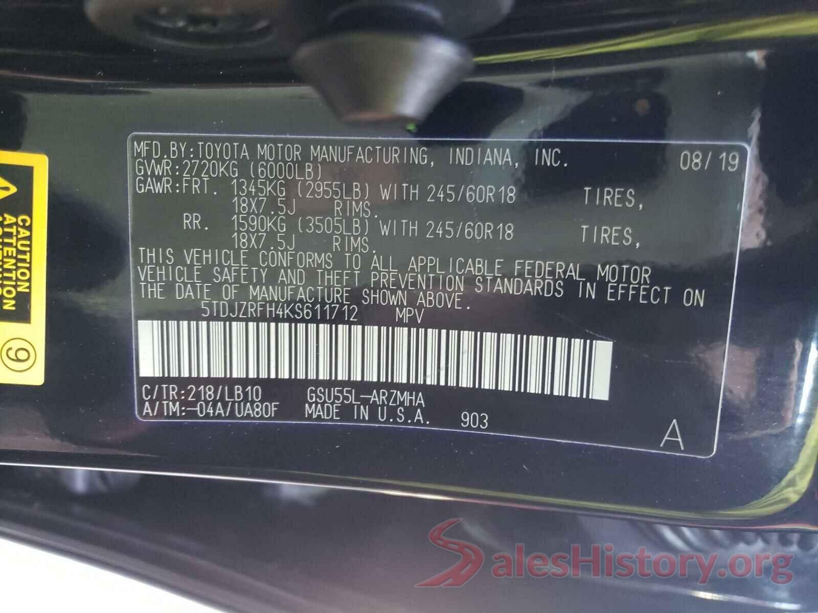 5TDJZRFH4KS611712 2019 TOYOTA HIGHLANDER