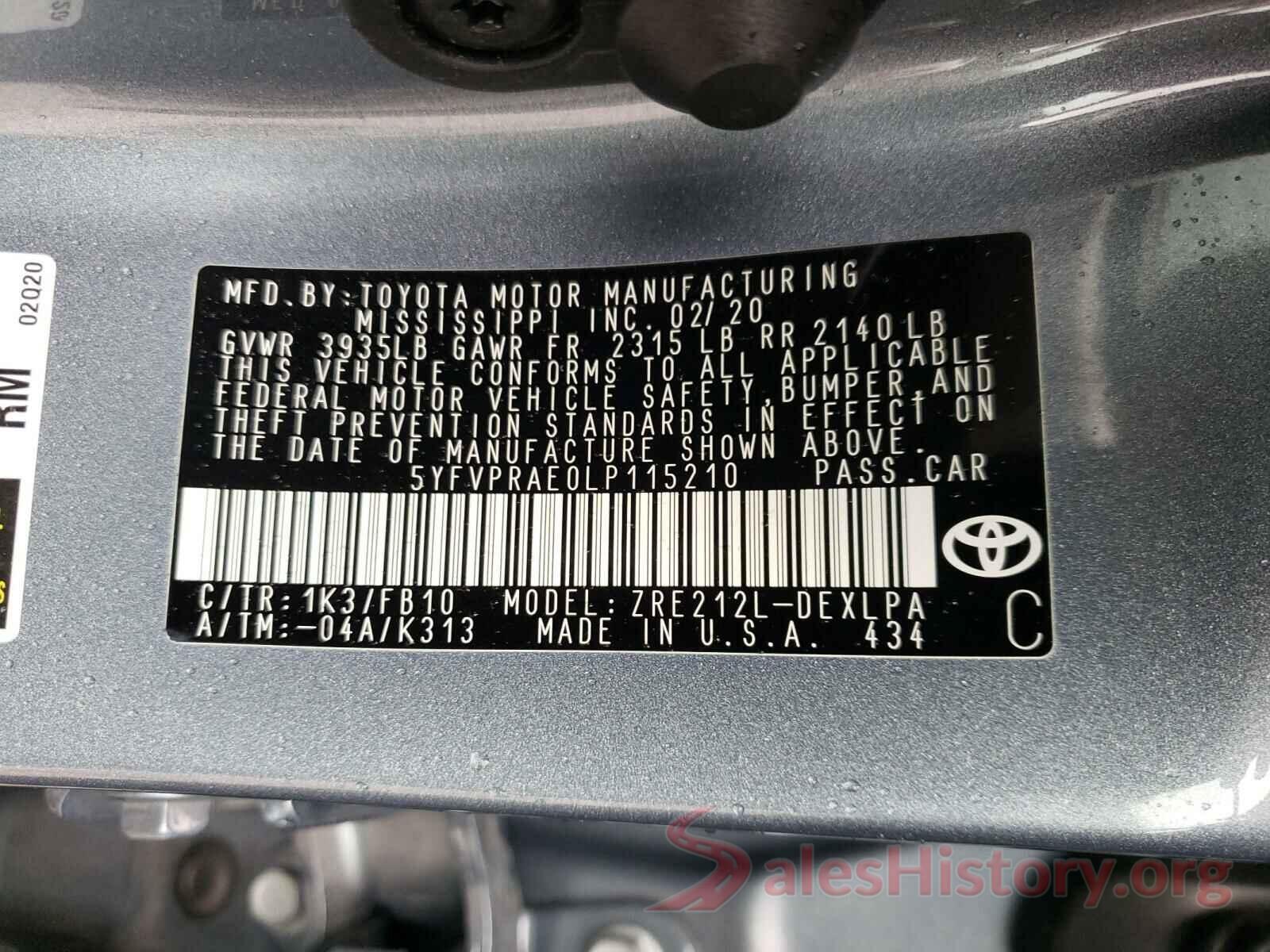 5YFVPRAE0LP115210 2020 TOYOTA COROLLA