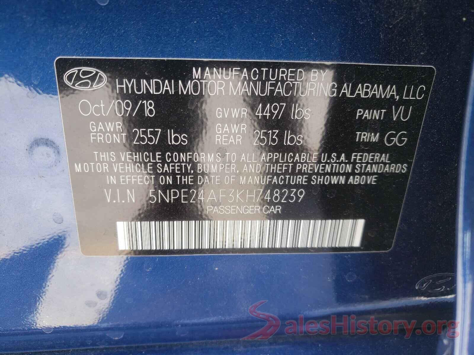 5NPE24AF3KH748239 2019 HYUNDAI SONATA