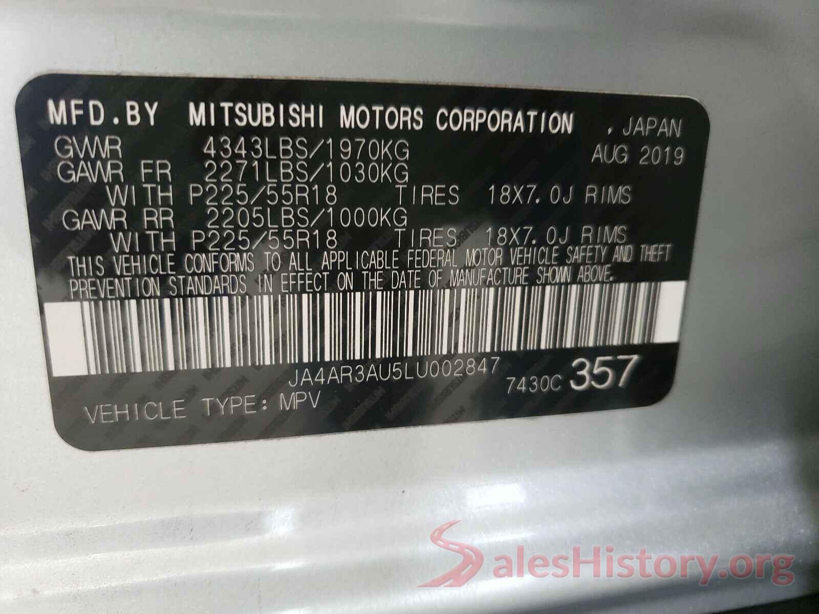 JA4AR3AU5LU002847 2020 MITSUBISHI OUTLANDER