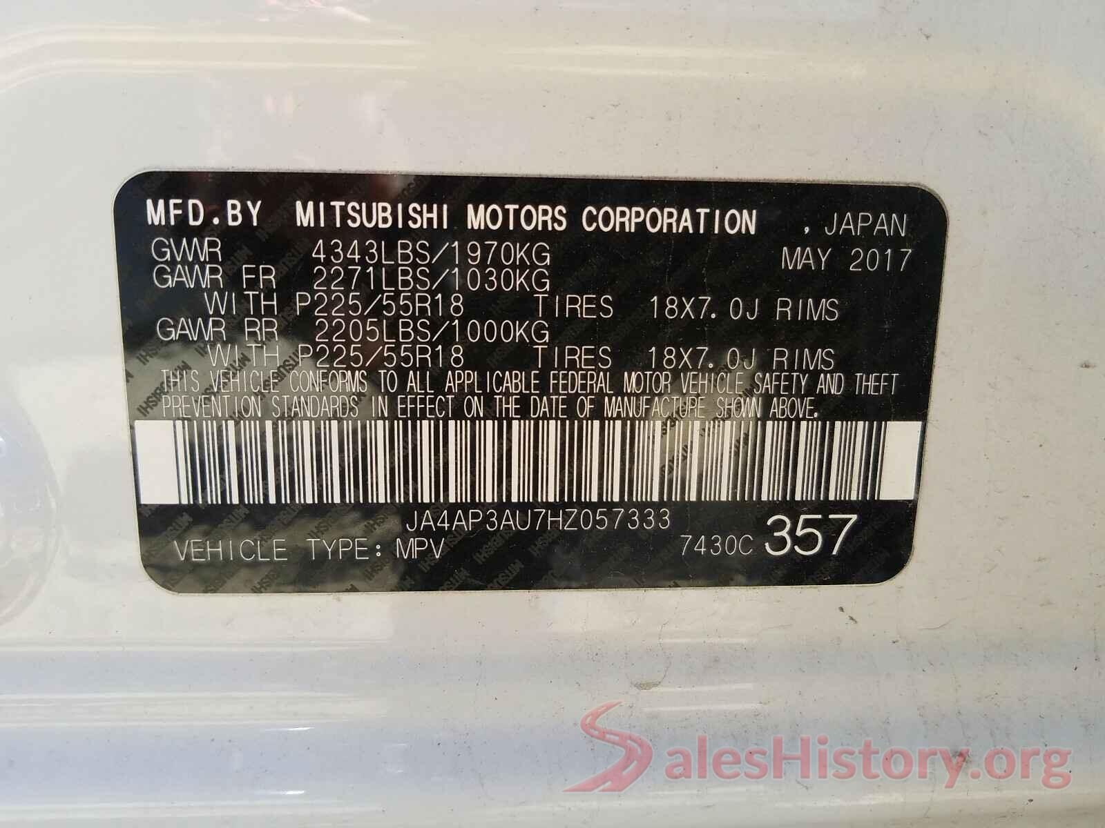 JA4AP3AU7HZ057333 2017 MITSUBISHI OUTLANDER