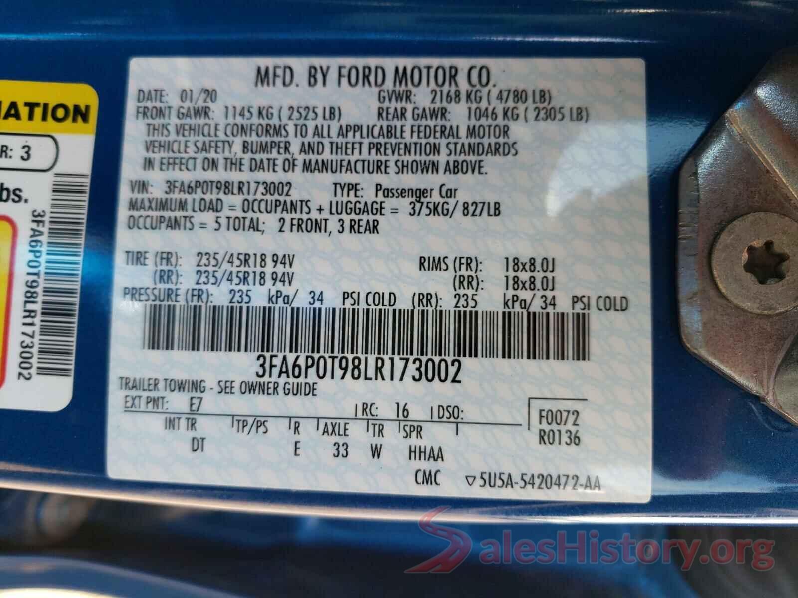 3FA6P0T98LR173002 2020 FORD FUSION