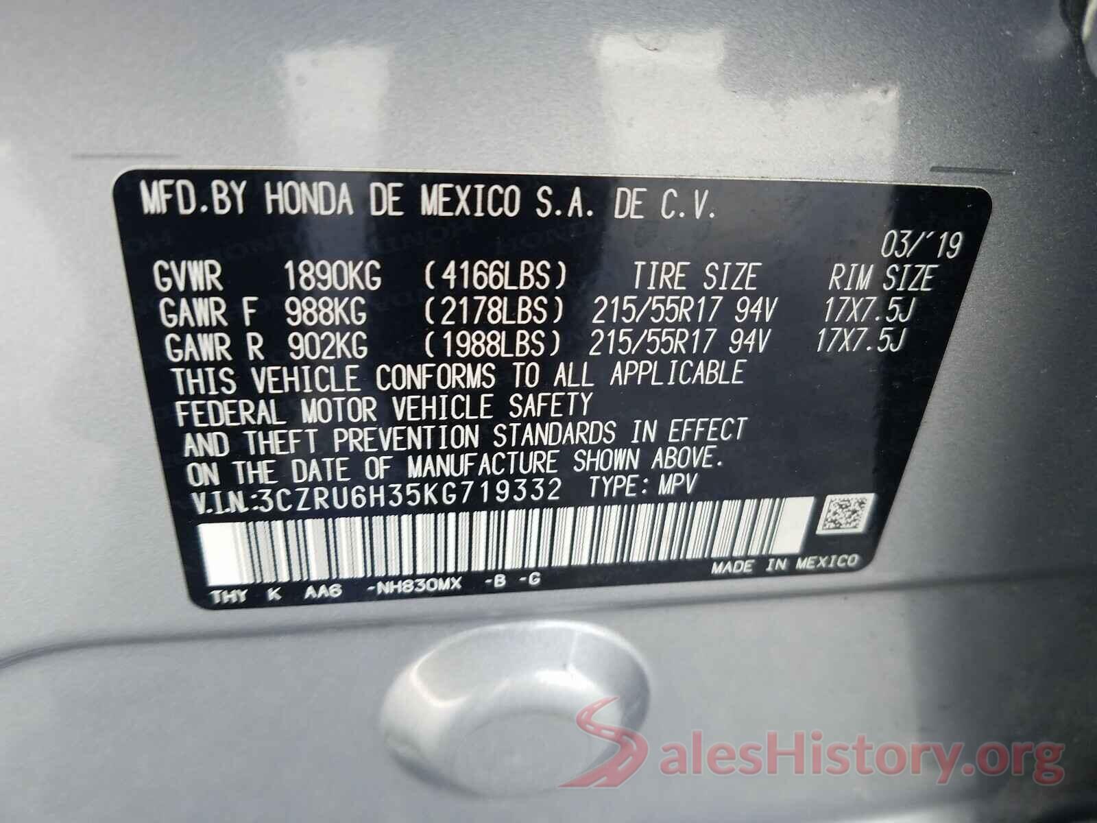 3CZRU6H35KG719332 2019 HONDA HR-V